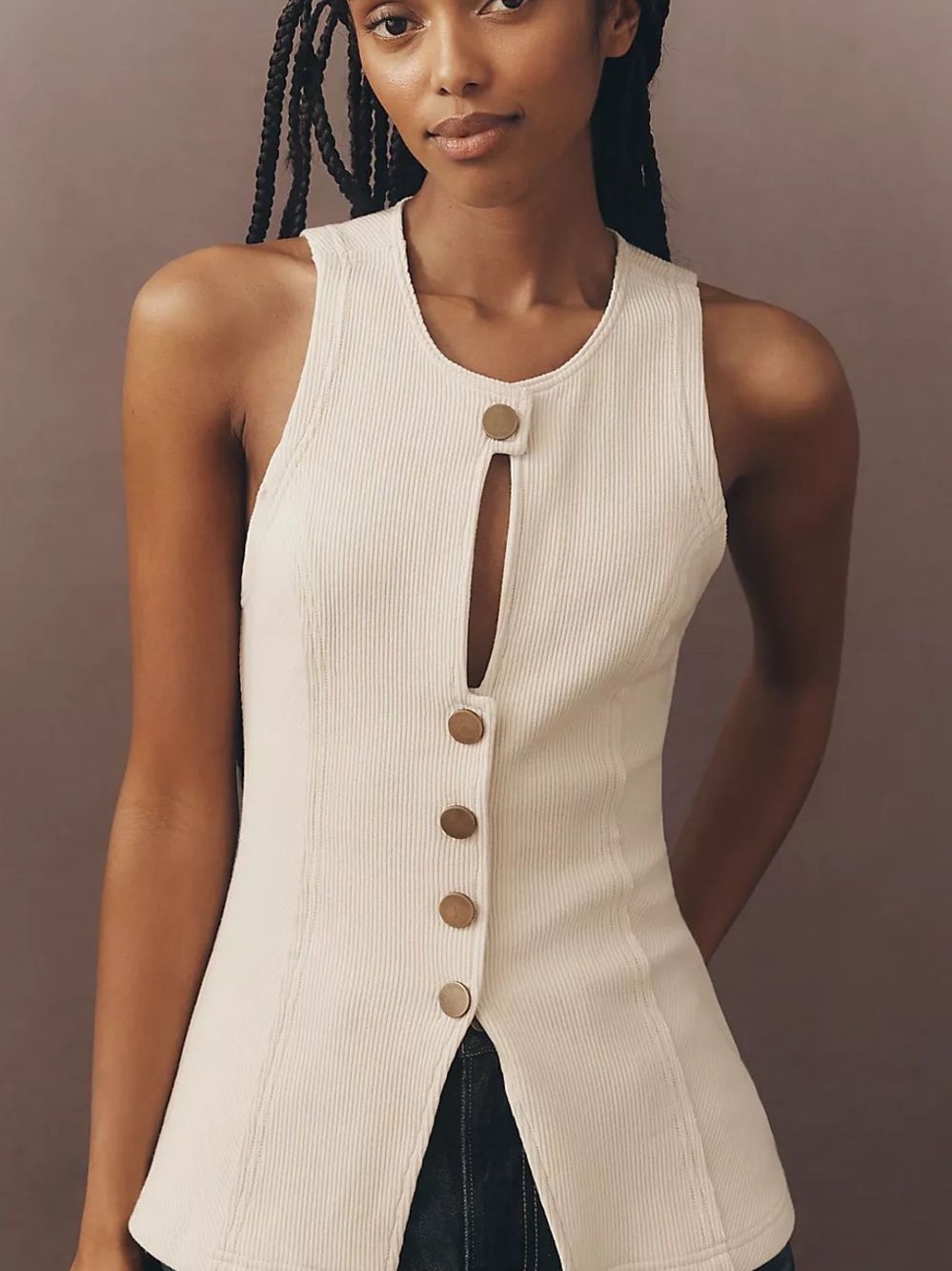 Pilcro Ribbed Button-Front Tank Top in Cream